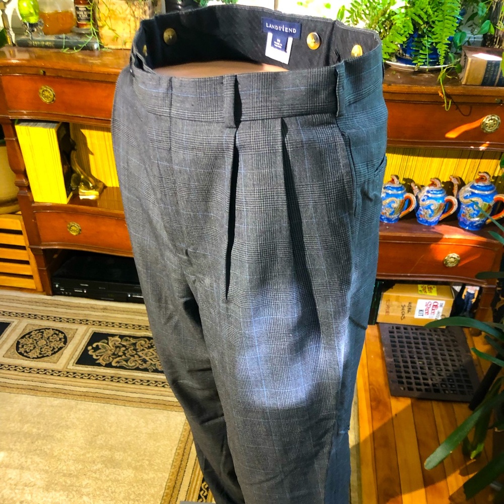 Land’s End dress pants. Waist 30. Pleated. Plaid gray with blue stripes.